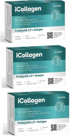 3lü Set icollagen 5 Tip Kolajen Tablet Prebiyotik Destile Sindirim Sistemine Yardımcı 3x60 Tablet - icollagen