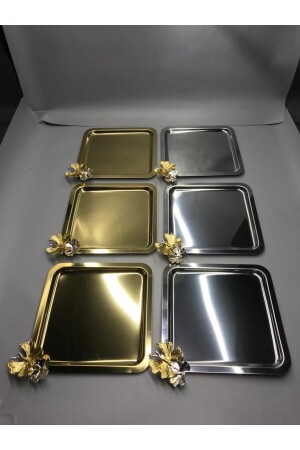3 goldene, 3 silberne quadratische Kaffee-, Tee- und Präsentationstabletts aus Edelstahl mit luxuriösem Schmetterlingszubehör in 2 verschiedenen Farben KREKLBK6 - Aslı Hediyelik