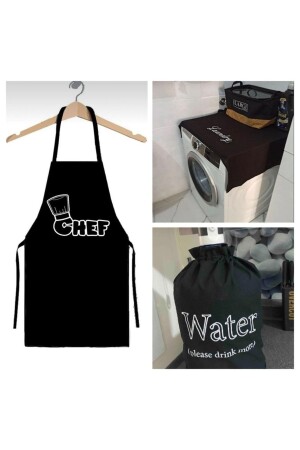 - 3 in 1 Black Bottle Cover & Washing Machine Cover & Chef Printed Kitchen Apron - Niksarlı Çeyiz