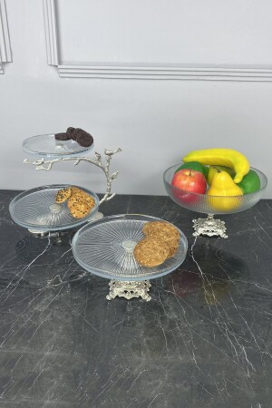 3 'lü Ayaklı Cam Sunumluk Servislik Seti & Meyve Kurabiye Pasta Tatlı Sunumluğu Kase Tabak Seti - May Home