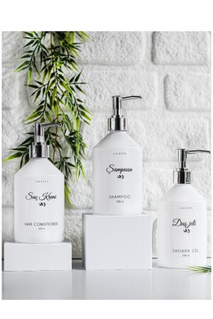 3 Luxury Shampoo Conditioner Shower Gel Labeled White Bottle with Silver Cap 500 Ml GS-T - LALEZEN HOME