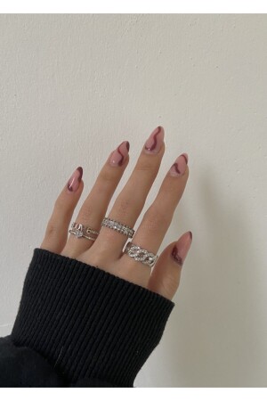 مجموعة حلقة من 3 قطع من MNZ-Silver Color Love&chain - Kiligistanbul