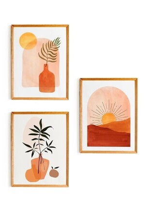 3 Parça Ahşap Çerçeve Görünümlü Güneş Duvar Dekoru - Salon Oturma Yatak Odası Mutfak Için Tablo Seti - Nt Handmade