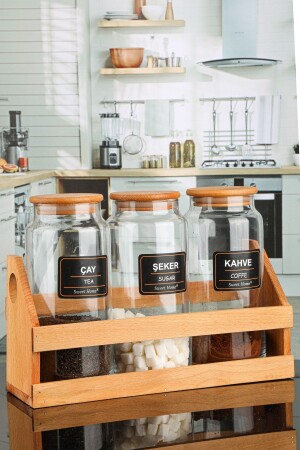 3-Piece 1300 ml Tea Coffee Sugar Jar with Bamboo Lid, New Stand and Labeled STAND - Karçiçeği Home
