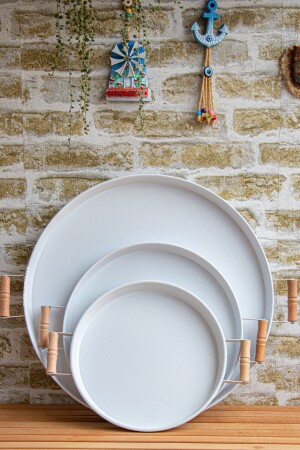 3 Piece (51- 37- 30 CM) Metal Tray with Wooden Handles Tea Tray Coffee Tray Presentation Tray Set - Kitchen Trend