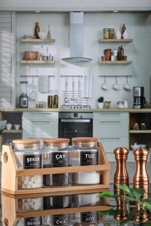 3-Piece 800ml Tea Coffee Sugar Jar with Bamboo Lid, Stand and Label SERSTANDLI87 - Karçiçeği Home
