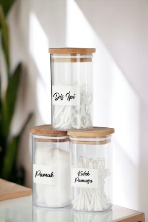 3-Piece Acrylic Cotton Bud & Cotton & Dental Floss Organizer 300 Ml Bathroom Set with Wooden Cover - Comprox