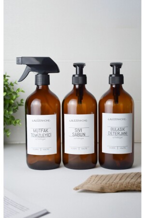 3 Piece Amber Glass Bottle 500ml Dishwashing Liquid Liquid Soap Kitchen Cleaner Labeled Special Collection - LALEZEN HOME