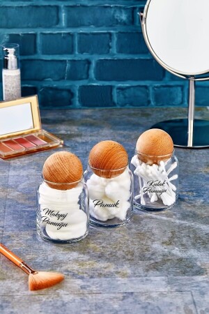 3-Piece Ball Capped Transparent Labeled Glass Ear Cotton & Make-up Cotton & Cotton Pad 300 Ml FBZ-300ML-3PLUSETTRANSPARENT - FBZhome
