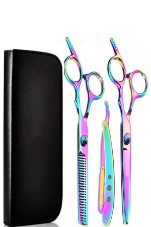 3 Piece Barber Hairdresser Scissors Set Rainbow Set with Razor with Leather Bag - Uniquem
