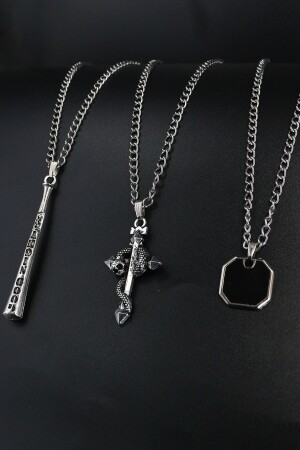 3-Piece Baseball Bat, Serpent Cross and Enamel Tag Silver Color Necklace Set DTDB482 - Dukkanka