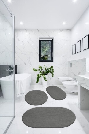 3-Piece Bathroom Rug Mat Oval Plush Toilet Seat Set-dark Gray 60x90(ELİPS)-50x60(ELİPS)-60x60(YVRLK) BSLYBATHROOM3LÜ - BESELY