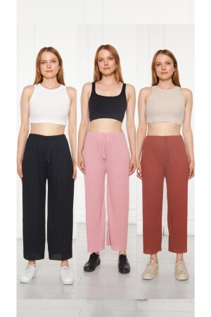 3-Piece Black - Powder - Brick Red Women's Corduroy Pants & Tracksuit - Casual Home Wear Pajamas - Oyga