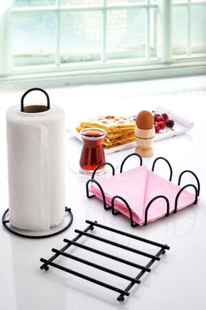3-Piece Black Trivet Napkin Holder Towel Holder Set Black Color Stainless Steel Kitchen Service Presentation Set - İliva