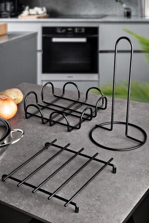 3-Piece Black Trivet Napkin Holder Towel Holder Set Black Stainless Steel Kitchen Service Presentation Set - Mg Home