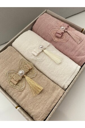 3-Piece Boxed Dowry Holder with Bow and Tassel 50x90 Velvet Hand and Face Towel *3 PACK*FLSYA**BOW* - AYHANHOME