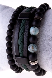 3 Piece Bracelet Set Natural Stone, Leather, Onix Bracelet EYYA10001 - Eyya Accessories
