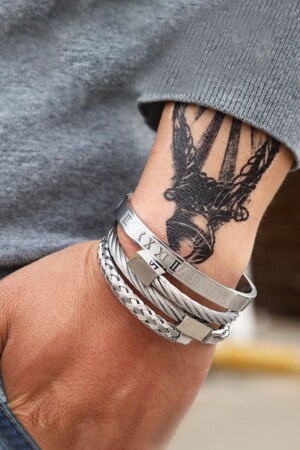 3 Piece Braided Roman Numeral Handcuffs Steel Men's Bracelet Ep44 ehy-ep44 - Chavin