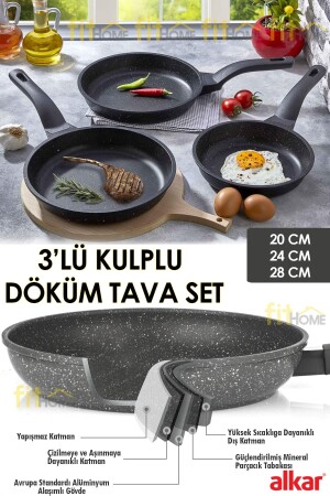 3-Piece Cast Iron Pan Set with Alkar Handle Fireproof Non-Stick Thermo Granite Pan Set 20-24-28 Cm 3LUSAPLI - fitfiyat