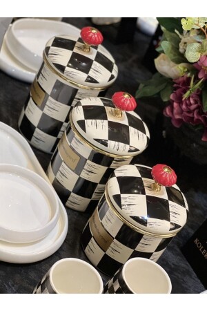 3-Piece Checkerboard Pattern Enamel Jar 14-16-18cm - Onedekor