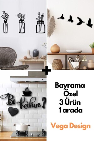3 Piece Flower Pot + One Coffee + 4-Piece Bird Wall Decoration 3 Products in 1 - Vegadesign