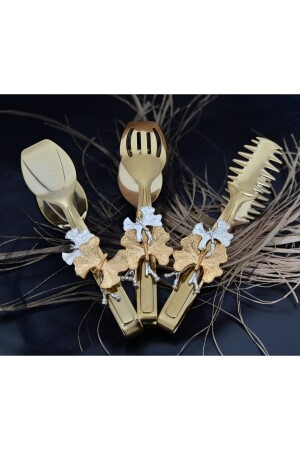 3-Piece Gold Butterfly Tongs Serving Set DNC155 - dincel çelik