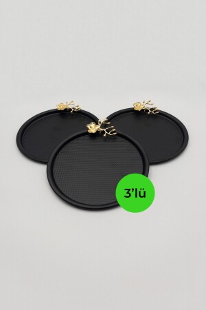 3-Piece Japanese Rose Round Black Presentation Tray, Cake Tea Coffee Decorative Serving Tray 22cm JGMT212-3X - Fiyakalı Ürünler Atölyesi