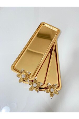 3-Piece Lily Flower Luxury Stainless Steel Gold Baton Service, Tea, Coffee, Treats and Presentation Tray BTNZMBK33 - Aslı Hediyelik