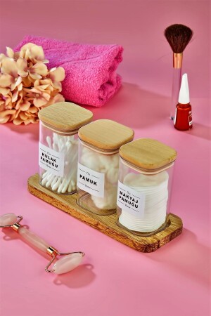 3-Piece Mica Cotton Buds with Wooden Stand Makeup Cotton Organizer 250 ml Storage Box - Fbzhome