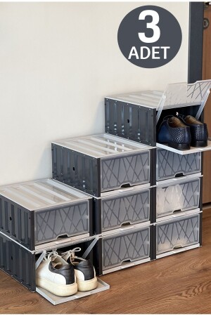 3 Piece Modular Shoe Storage Box - Stackable Shoe Organizer Shoe Cabinet with Cover - Tugomer