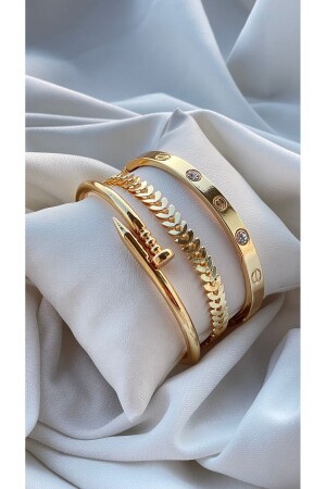 3-Piece Nail-Cuff & Caterpillar Model Gold Color Women's Bracelet Combination - Lowen Aksesuar