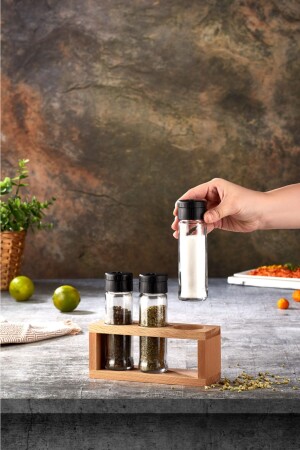 3-Piece Salt and Pepper Shakers Set Spice Shaker, Spice Shaker with Wooden Stand nero 3-piece - woodsy