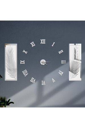 3 Piece Wall Clock Set, Acrylic Plexiglass Mirrored Palm Leaves And Roman R. Clock wf-clock-palmroma - Wooden Factory