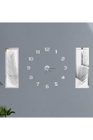 3 Piece Wall Clock Set, Acrylic Plexiglass Mirrored Palm Leaves And Roman R. Clock wf-clock-palmroma - Wooden Factory