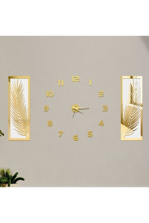 3 Piece Wall Clock Set - Acrylic Plexiglass Mirrored Palm Leaves And Roman R. Hour - Wooden Factory