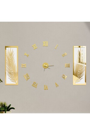 3 Piece Wall Clock Set - Acrylic Plexiglass Mirrored Palm Leaves And Roman R. Hour - Wooden Factory