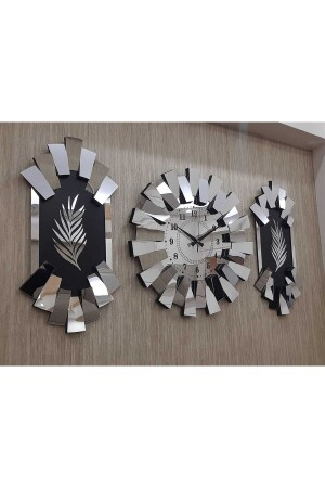 3 Piece Wall Clock Silver Mirrored 3D Piano Model Palm Tree Detail Latin Numeral - Tuğbart