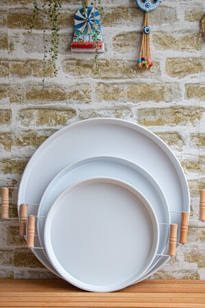 3 Piece White (45- 37- 30 CM) Metal Tray with Wooden Handle Tea Tray Presentation Tray Set - Kitchen Trend
