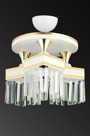 3-Piece White Tray Crystal Stone Plafonier with Yellow Stripe Square Downward Facing Luxury Chandelier SNSZ811101905 - SONSUZ AYDINLATMA&AVİZE