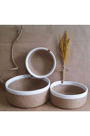 3-Piece Wicker Basket Set, Multi-Purpose Organizer 6 Mm Thick Jute and White Colored Rope ML13415 - Hediyeninellitonu