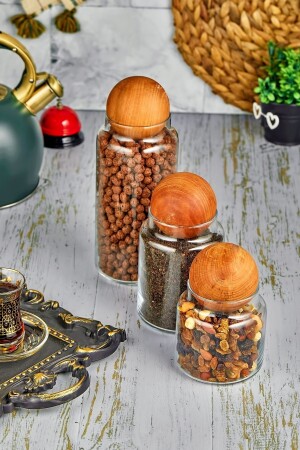 3-Piece Wooden Ball Lid Decorative Glass Jar Storage Container Sugar Bowl Snack Bowl - Fbzhome