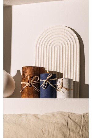 3-Piece Wooden Decorative Candle Holder with Bow (brown blue white) - Lalezen Home