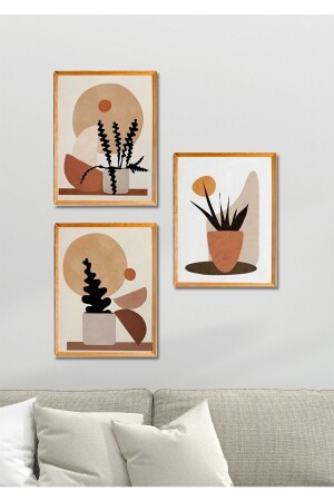 3 Piece Wooden Frame Look Retro Flower Pot Wall Decor - Painting Set for Living Room Kitchen Bedroom - Nt Handmade