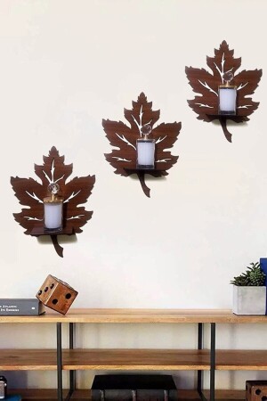 3-Piece Wooden Wall Decoration Shelf Plane Leaf Candle Holder - Genel Markalar
