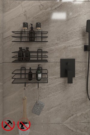 3 Pieces 3-Tier Bathroom Kitchen Organizer Shelf with Adhesive Hooks Matte Black - Alper Banyo