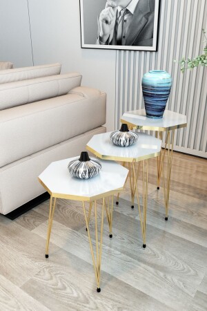 3-Seat Nesting Coffee Table Gold Series Octagon Model Nesting Coffee Table Metal Wire Leg GoldOctagonZigonM1 - Modalanka