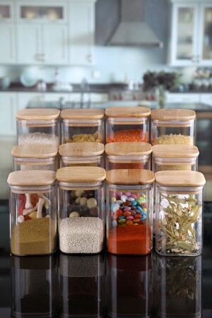 3 Sizes 12 Pieces Square Bamboo Luxury Vacuum Spice Jar & Jar with Lid KKD54S8s - Karçiçeği Home