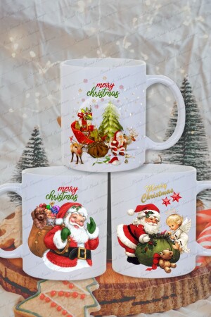3-teilige Neujahrsgeschenktassen mit Weihnachtsmann-, Rentier- und Engel-Motiv zum Thema Silvester – Tee-Kaffee BRK429 - Burak Baskı Tasarım
