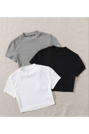 3-teilige schwarze, gerippte Camisole-Crop-Bluse mit Rundhalsausschnitt für Damen - Öz Pamuk