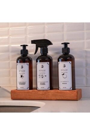 3-teiliger Holzständer, Geschirrspülmittel, Küchenreiniger, Bleichmittel, beschriftet, Kunststoff, bernsteinfarben, 500 ml, KŞD-1002 - Bümay home